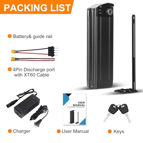 36V 48V E Bike Lithium Battery, Silver Fish Lithium-ion Battery with 30A BMS for 250W/350W/500/750/900/1000W Motors, Safe Lock, Led Indicator Light for Controller (48V 15AH)