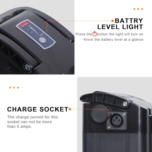 36V 48V E Bike Lithium Battery, Silver Fish Lithium-ion Battery with 30A BMS for 250W/350W/500/750/900/1000W Motors, Safe Lock, Led Indicator Light for Controller (48V 15AH)