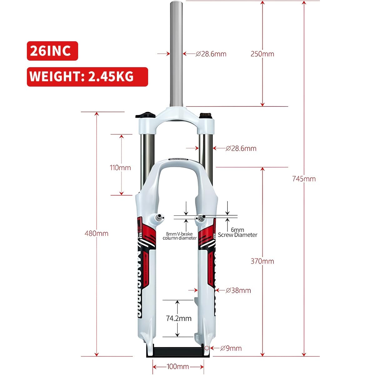 Bike Suspension Fork 26inch Travel 110mm Mountain Bikes Spring Fork 1-1/8" Straight Bike Mechanical Forks Disc Brake V-Brake Bike Fork Manual 9 * 100mm QR