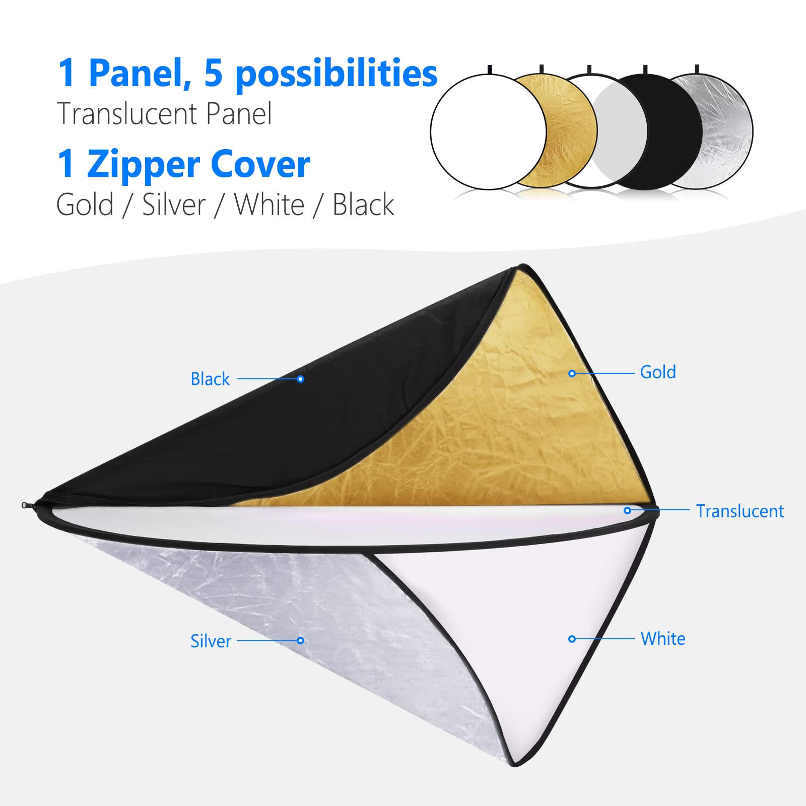 NEEWER 43 Inch/110 Centimeter Light Reflector Diffuser 5 in 1 Collapsible Multi Disc with Bag - Translucent, Silver, Gold, White, and Black for Studio Photography Lighting Outdoor