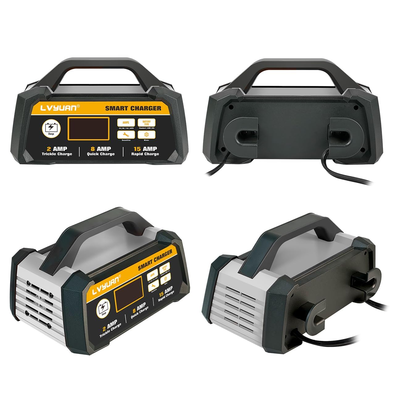 LVYUAN 25Amp Smart Car Battery Charger, 12V/24V Automotive Charger, Lead-Acid Battery, LiFePO4 Battery Maintainer with LCD Display, Trickle Charger, for Lawn Mower, Motorcycle, AGM, STD, Gel, EFB,etc