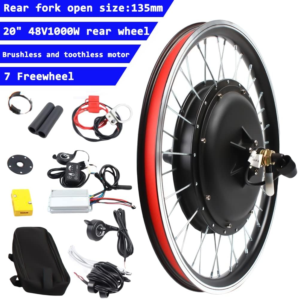 YIYIBYUS 20" Electric Bike Conversion Kit 48V 1000W Rear Wheel Bicycle Brushless and Toothless Motor Kit with Controller E-Bike Rear Hub Motor for 20Inch Bikes