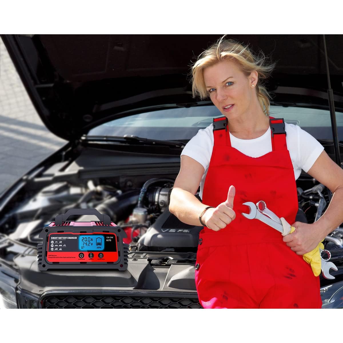 LVYUAN 25Amp Smart Car Battery Charger, 12V/24V Automotive Charger, Lead-Acid Battery, LiFePO4 Battery Maintainer with LCD Display, Trickle Charger, for Lawn Mower, Motorcycle, AGM, STD, Gel, EFB,etc