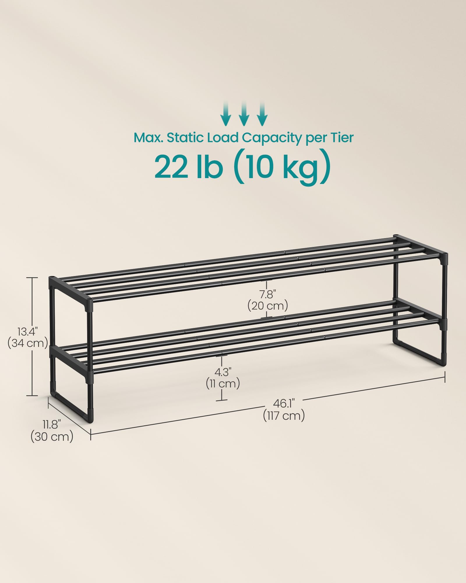 SONGMICS Shoe Rack, 3-Tier Shoe Organizer, Metal Storage Shelf, Upright or Upside Down, for 16-20 Pairs, Stackable, for Entryway, 11.8 x 36.2 x 21.7 Inches, Black ULSA303B02