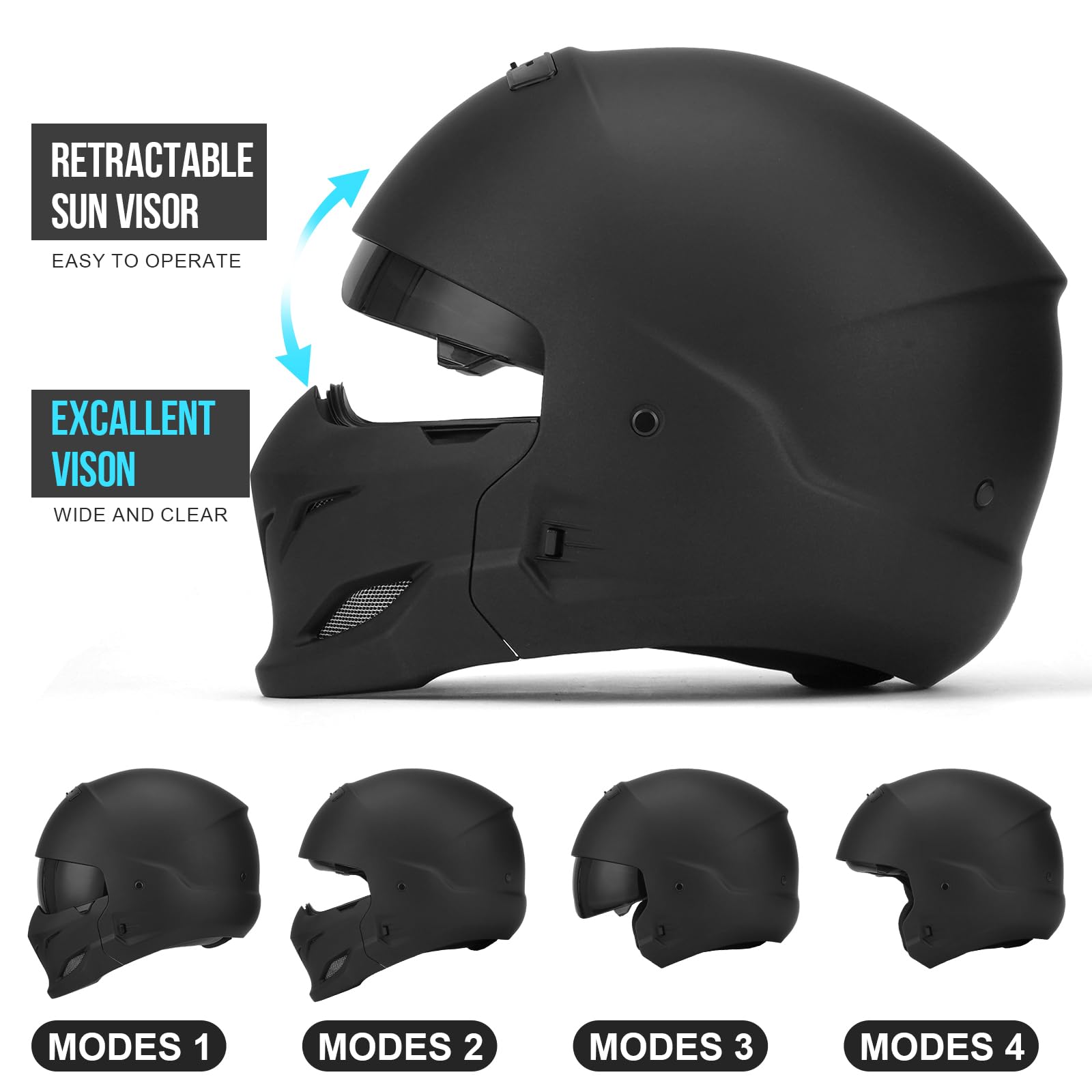 Full Face Motorcycle Helmet for Unisex-Adult Dirt Bike ATV Scooter Cruiser 3/4 Face Motocross Helmet Interchangeable Mouth Cover DOT Approved
