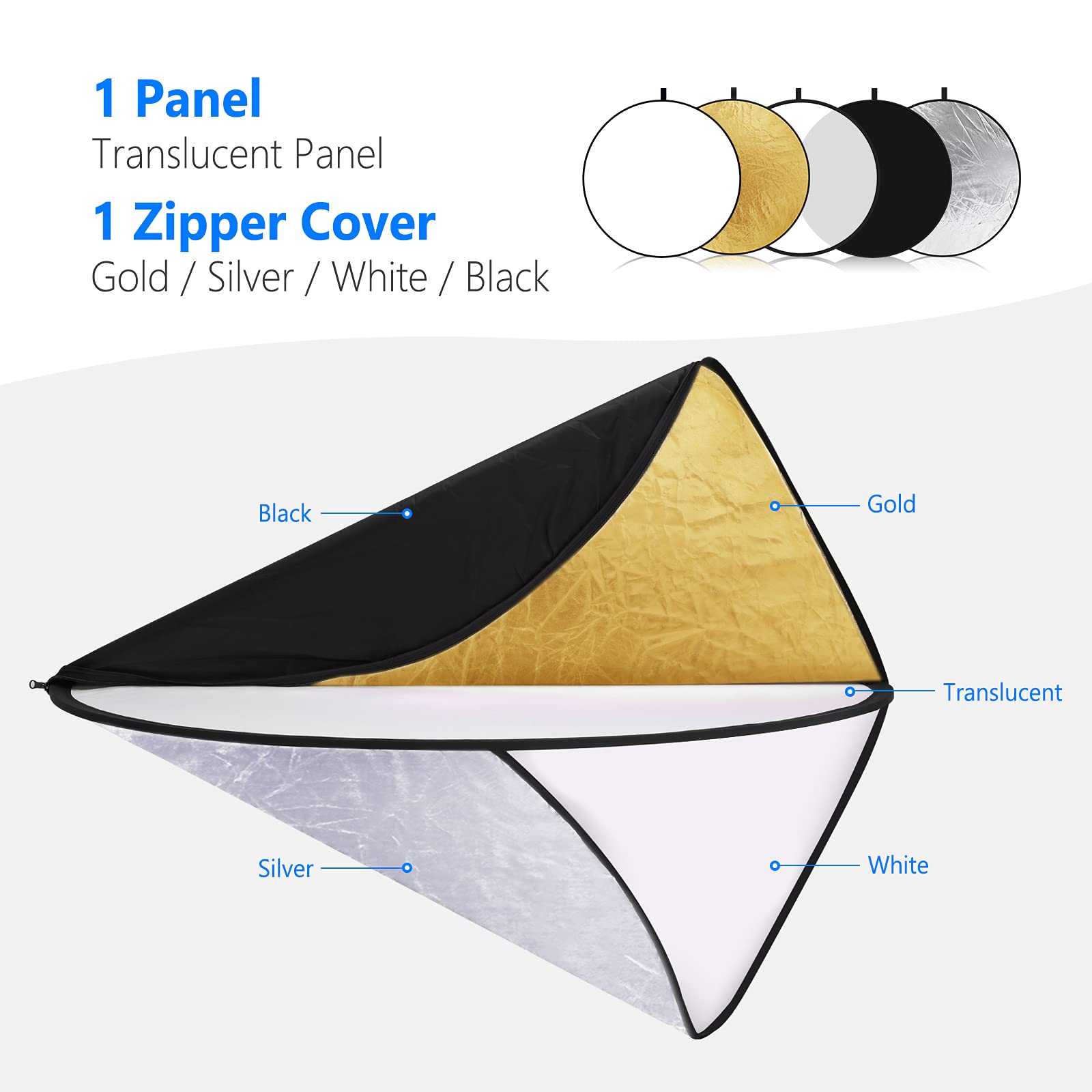 NEEWER 43 Inch/110 Centimeter Light Reflector Diffuser 5 in 1 Collapsible Multi Disc with Bag - Translucent, Silver, Gold, White, and Black for Studio Photography Lighting Outdoor