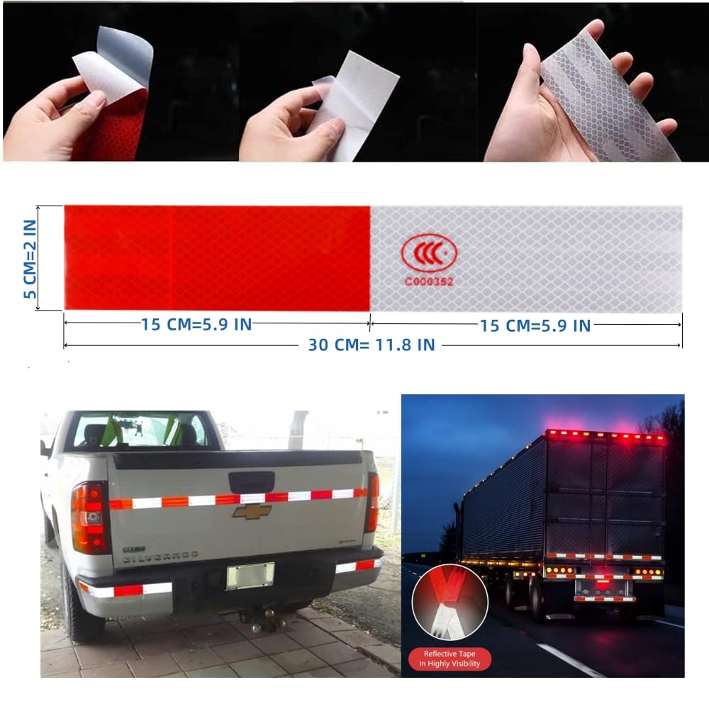 Reflective Trailer Tape, 2" × 11.8" × 30 PCS Red & Silver High Intensity Self Adhesive Reflector Tapes Outdoor Waterproof 3m Safety Dot Retroreflective Tape for Cars, Trailers, Boats, Mailbox (30)