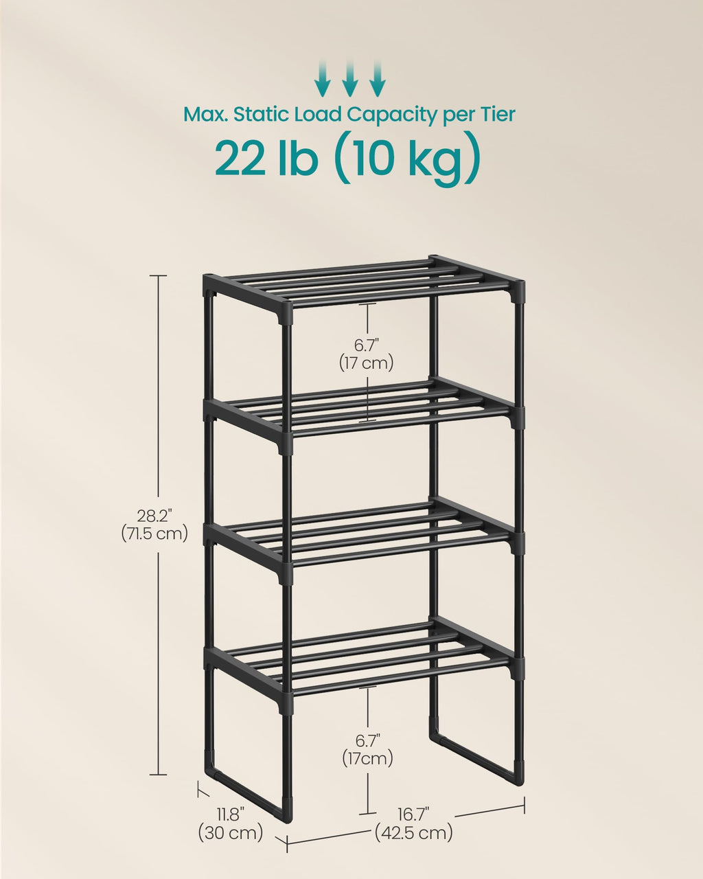 SONGMICS Shoe Rack, 3-Tier Shoe Organizer, Metal Storage Shelf, Upright or Upside Down, for 16-20 Pairs, Stackable, for Entryway, 11.8 x 36.2 x 21.7 Inches, Black ULSA303B02