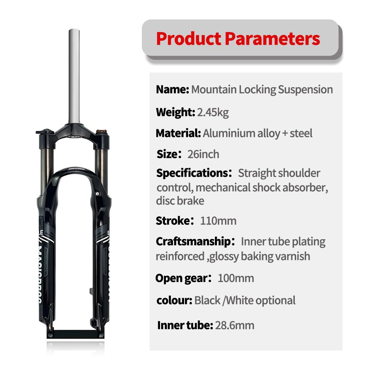 Bike Suspension Fork 26inch Travel 110mm Mountain Bikes Spring Fork 1-1/8" Straight Bike Mechanical Forks Disc Brake V-Brake Bike Fork Manual 9 * 100mm QR