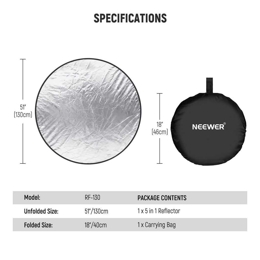 NEEWER 43 Inch/110 Centimeter Light Reflector Diffuser 5 in 1 Collapsible Multi Disc with Bag - Translucent, Silver, Gold, White, and Black for Studio Photography Lighting Outdoor