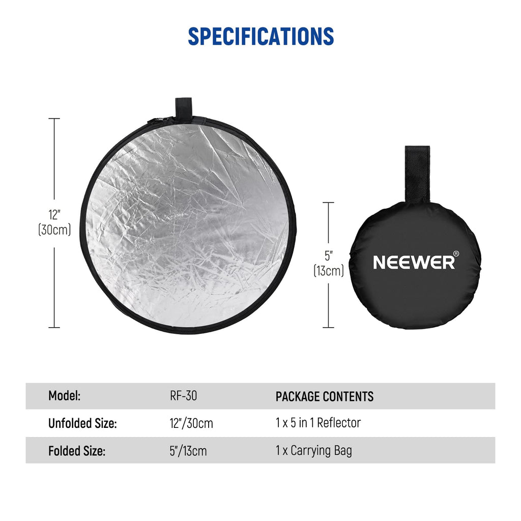NEEWER 43 Inch/110 Centimeter Light Reflector Diffuser 5 in 1 Collapsible Multi Disc with Bag - Translucent, Silver, Gold, White, and Black for Studio Photography Lighting Outdoor