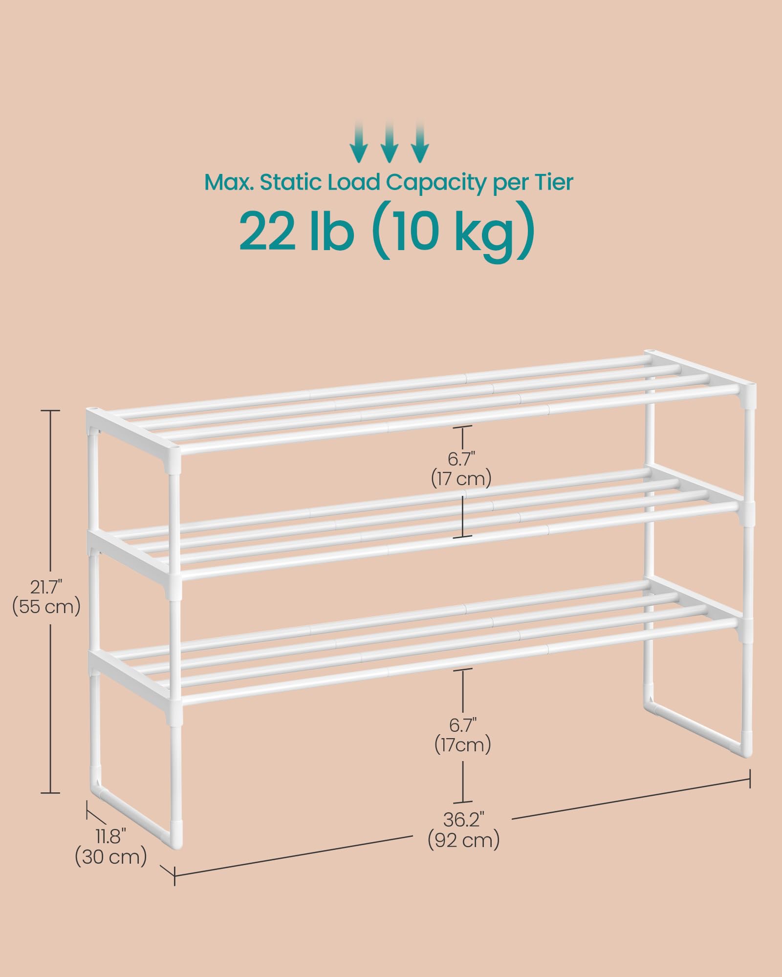SONGMICS Shoe Rack, 3-Tier Shoe Organizer, Metal Storage Shelf, Upright or Upside Down, for 16-20 Pairs, Stackable, for Entryway, 11.8 x 36.2 x 21.7 Inches, Black ULSA303B02