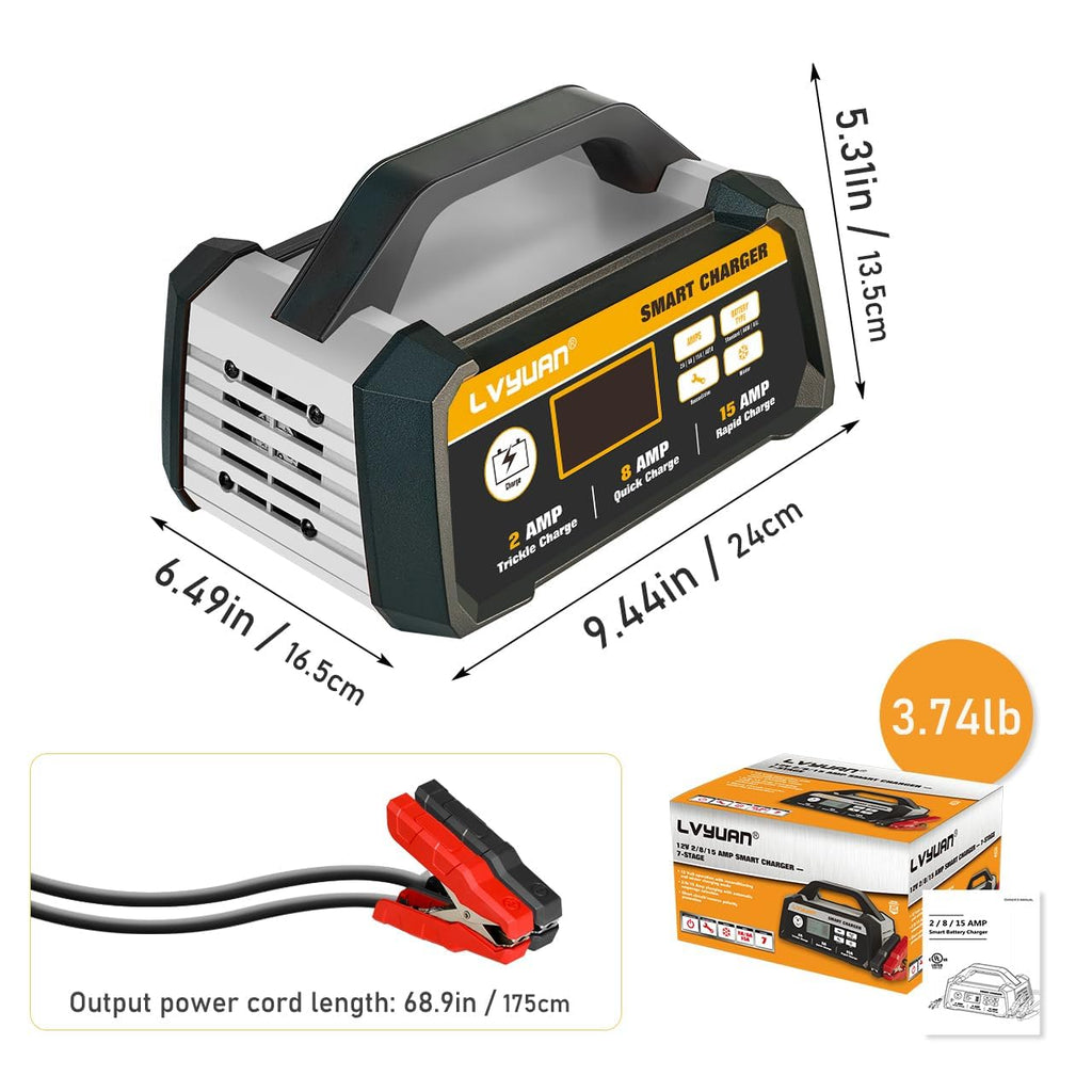 LVYUAN 25Amp Smart Car Battery Charger, 12V/24V Automotive Charger, Lead-Acid Battery, LiFePO4 Battery Maintainer with LCD Display, Trickle Charger, for Lawn Mower, Motorcycle, AGM, STD, Gel, EFB,etc