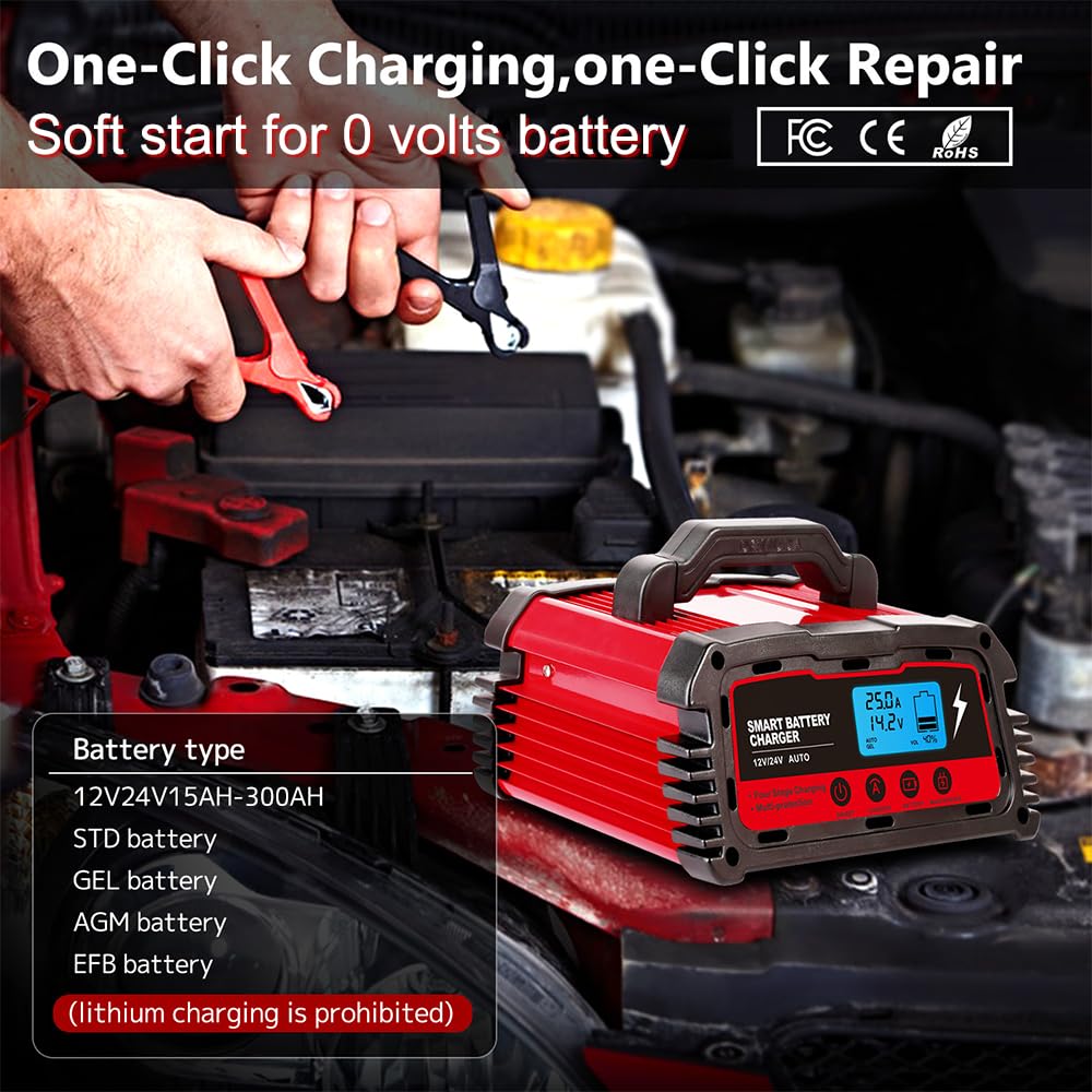 LVYUAN 25Amp Smart Car Battery Charger, 12V/24V Automotive Charger, Lead-Acid Battery, LiFePO4 Battery Maintainer with LCD Display, Trickle Charger, for Lawn Mower, Motorcycle, AGM, STD, Gel, EFB,etc