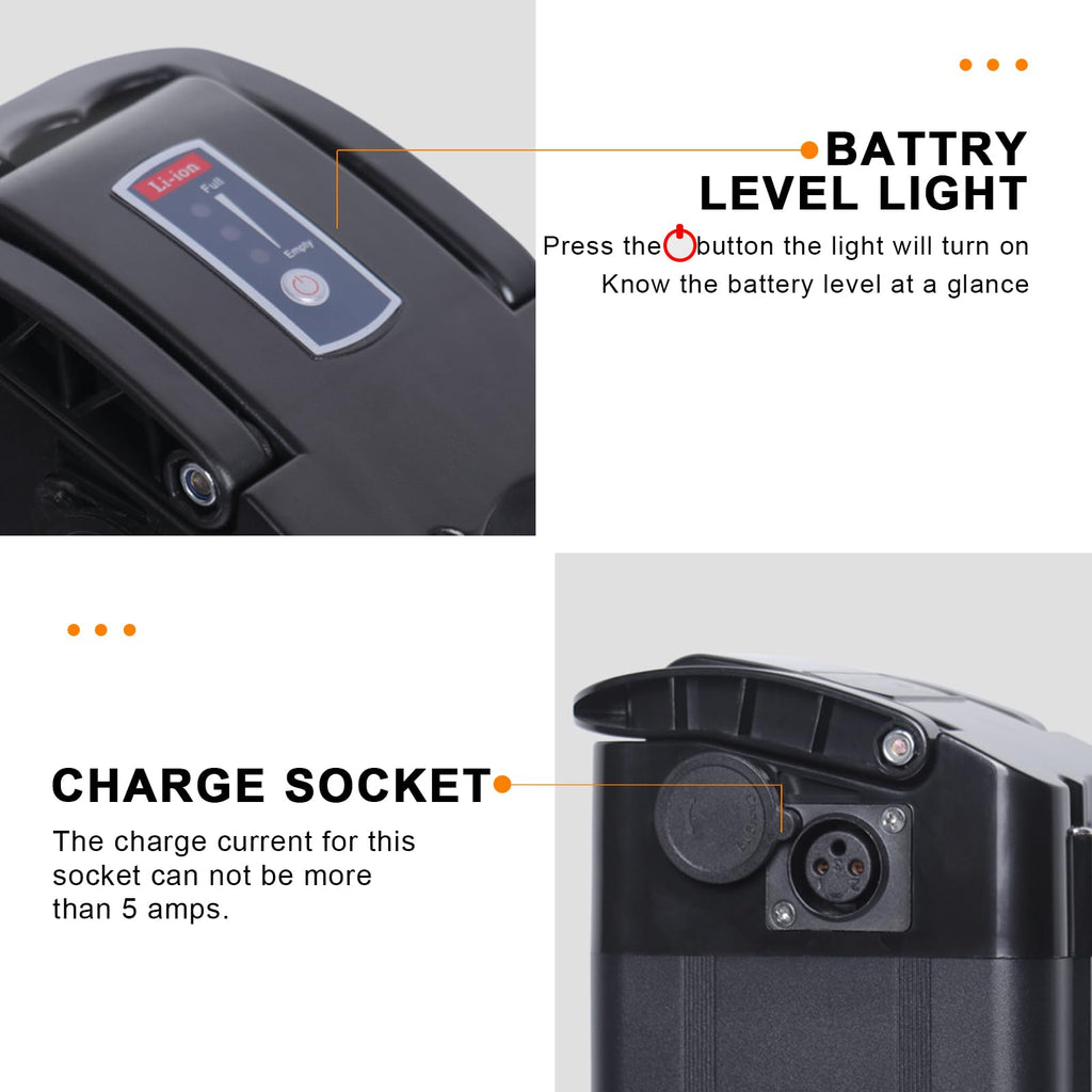 36V 48V E Bike Lithium Battery, Silver Fish Lithium-ion Battery with 30A BMS for 250W/350W/500/750/900/1000W Motors, Safe Lock, Led Indicator Light for Controller (48V 15AH)