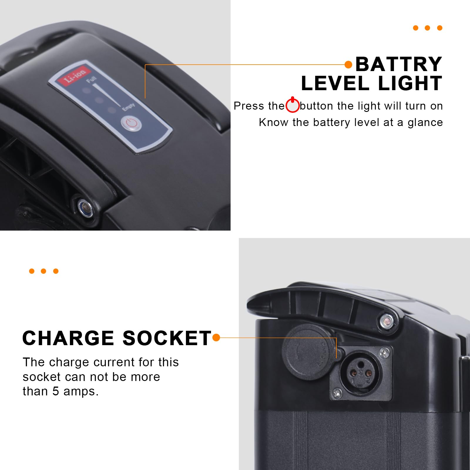 36V 48V E Bike Lithium Battery, Silver Fish Lithium-ion Battery with 30A BMS for 250W/350W/500/750/900/1000W Motors, Safe Lock, Led Indicator Light for Controller (48V 15AH)