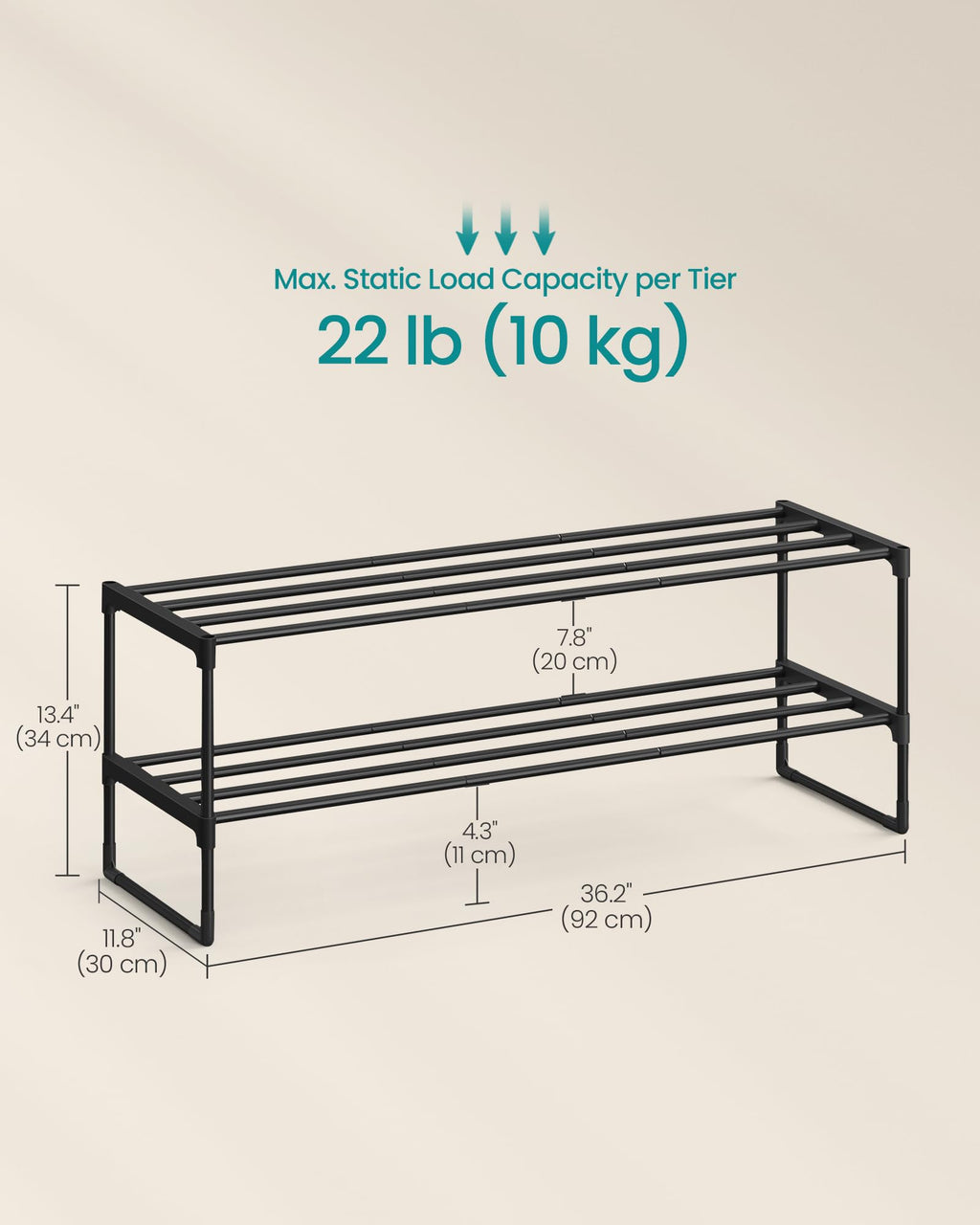 SONGMICS Shoe Rack, 3-Tier Shoe Organizer, Metal Storage Shelf, Upright or Upside Down, for 16-20 Pairs, Stackable, for Entryway, 11.8 x 36.2 x 21.7 Inches, Black ULSA303B02