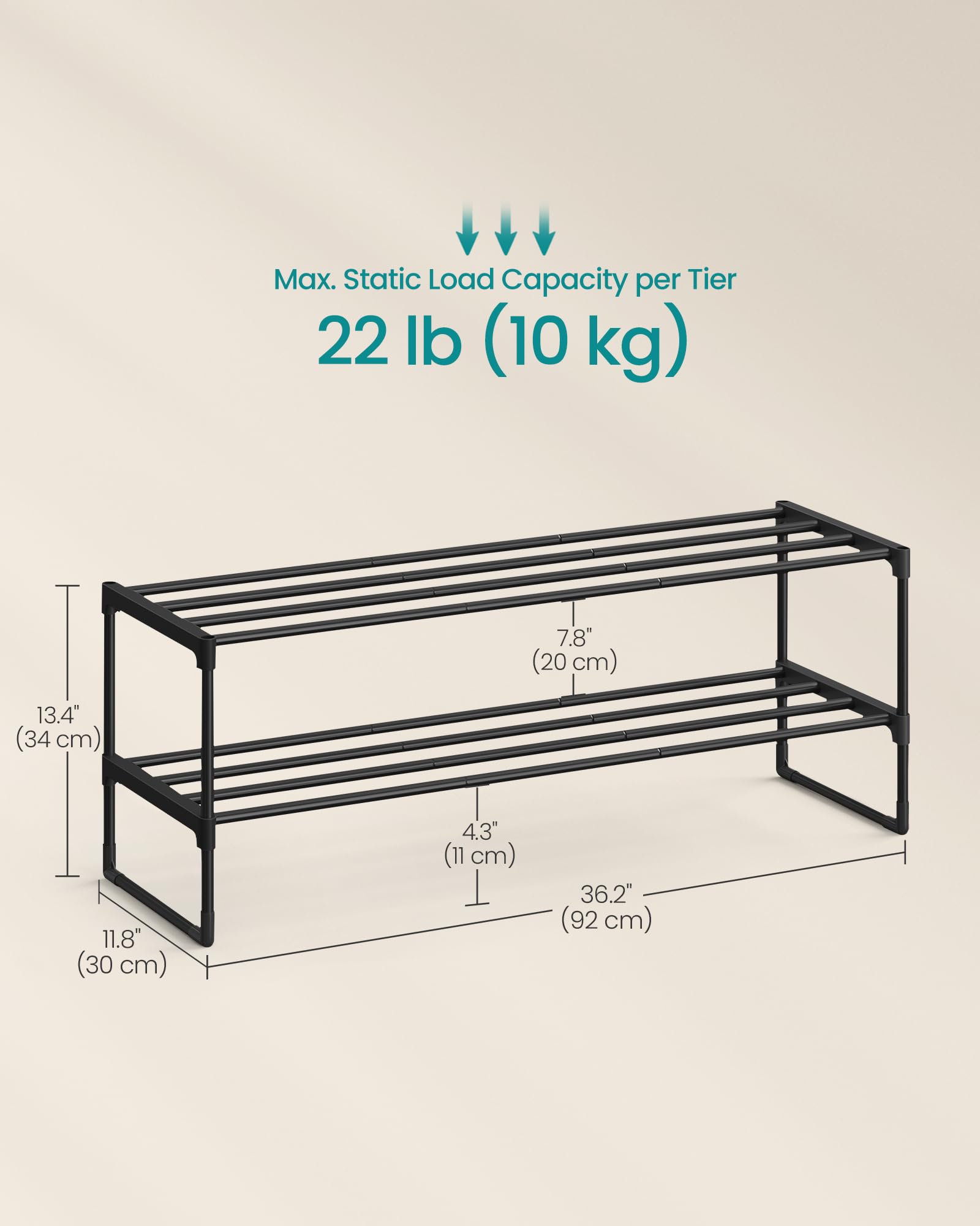 SONGMICS Shoe Rack, 3-Tier Shoe Organizer, Metal Storage Shelf, Upright or Upside Down, for 16-20 Pairs, Stackable, for Entryway, 11.8 x 36.2 x 21.7 Inches, Black ULSA303B02