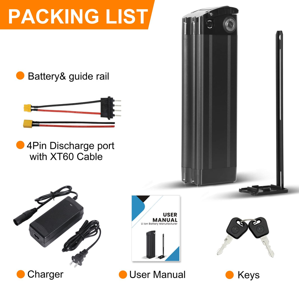 36V 48V E Bike Lithium Battery, Silver Fish Lithium-ion Battery with 30A BMS for 250W/350W/500/750/900/1000W Motors, Safe Lock, Led Indicator Light for Controller (48V 15AH)