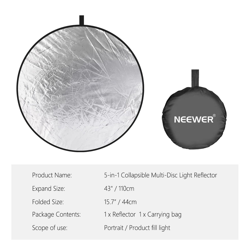 NEEWER 43 Inch/110 Centimeter Light Reflector Diffuser 5 in 1 Collapsible Multi Disc with Bag - Translucent, Silver, Gold, White, and Black for Studio Photography Lighting Outdoor