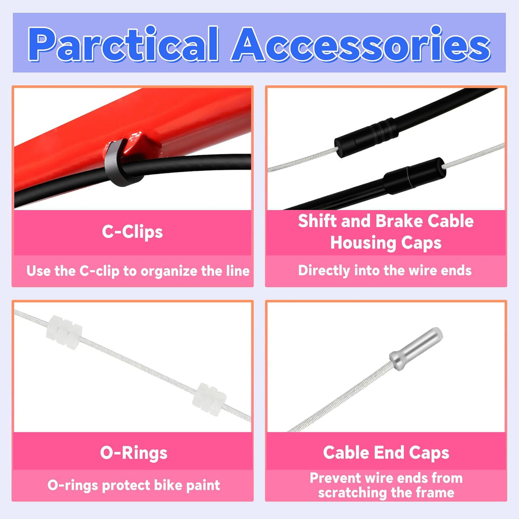 101Pcs Bike Brake Cable Kit with Stainless Steel Wire Cutter, Including Brake and Shifter Cable, Cable End Caps, O-Rings, C-Clips Clamps, Rubber Sleeve and V Brake Guide Inside
