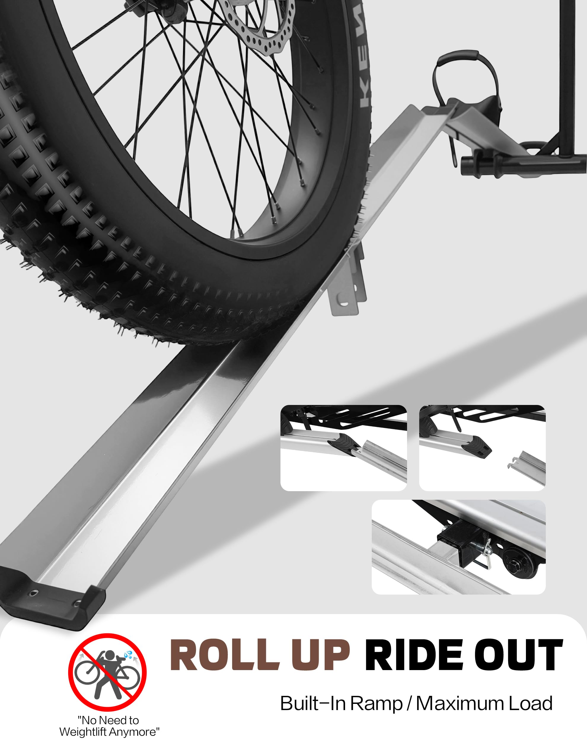 RokRack S One 1-Ebike Rack with Ramp, 100 lbs Capacity, Single Hitch Mount Electric Bike Rack, Fits up to 5" Fat Tire Width and 50" Wheelbase, Ebike Carrier Rack for 2" Receiver for Cars SUVs Vans RVs