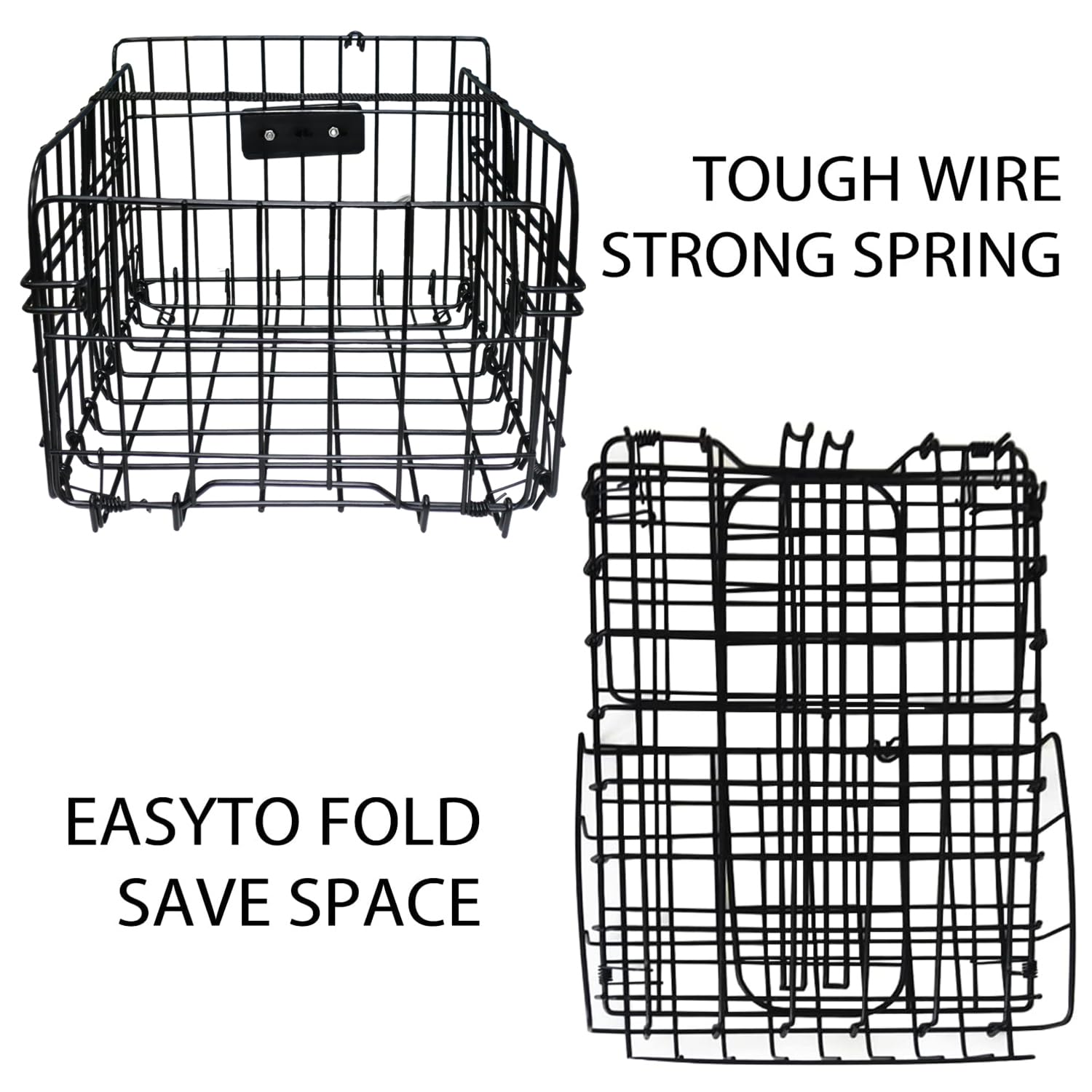 Folding Rear Bike Basket, Huntoshon Quickly Release Metal Bicycle Rack Cargo Basket with Strap & Reflective Tail Light for Most Mounted Bike Rack