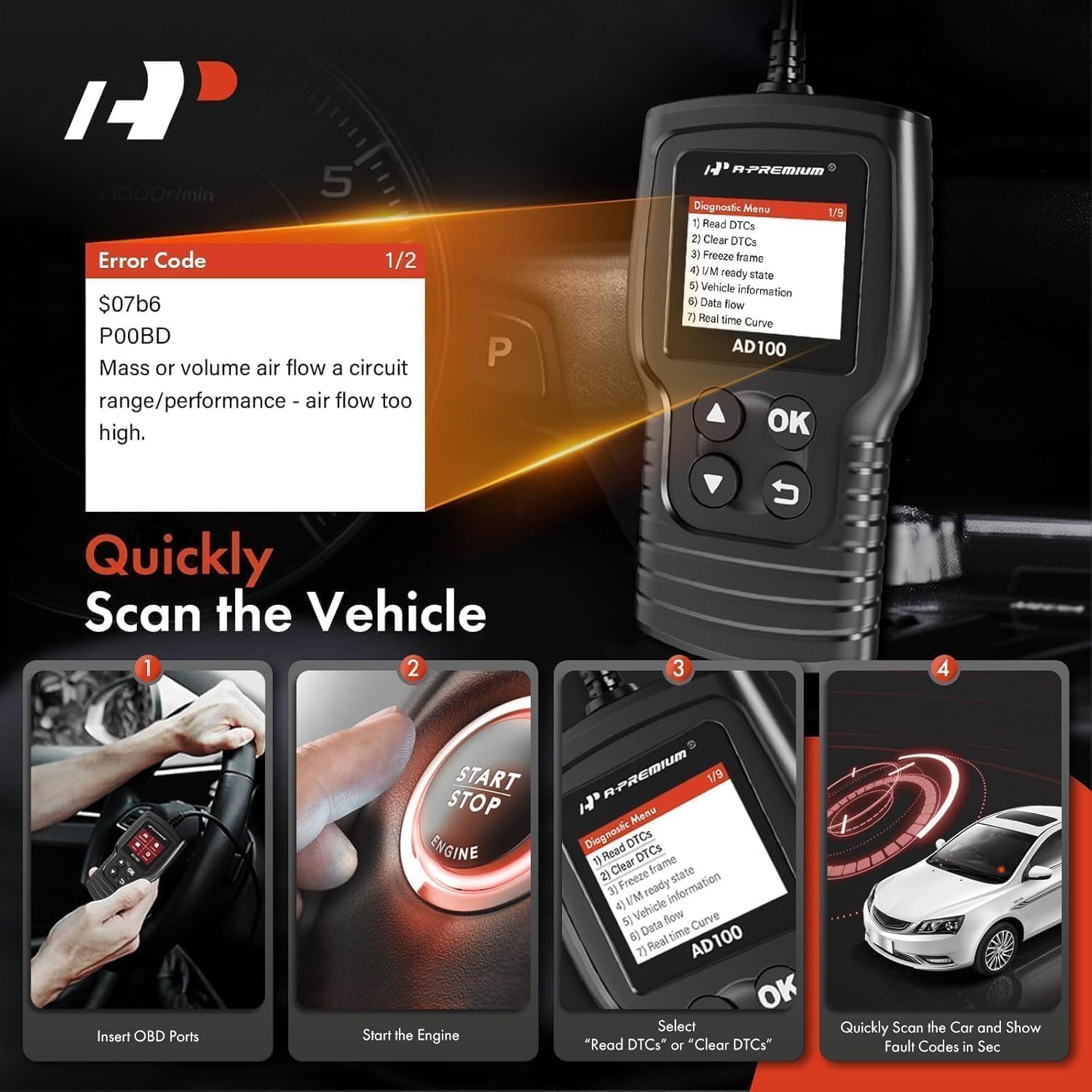 A-Premium AD200 Professional OBD2 Scanner Car Diagnostic Tool, OBDII EOBD Code Reader, Enhanced Check Car Engine Light Diagnostic Scan Tool, Upgraded Fault Code Scanner for All Vehicles from 1996