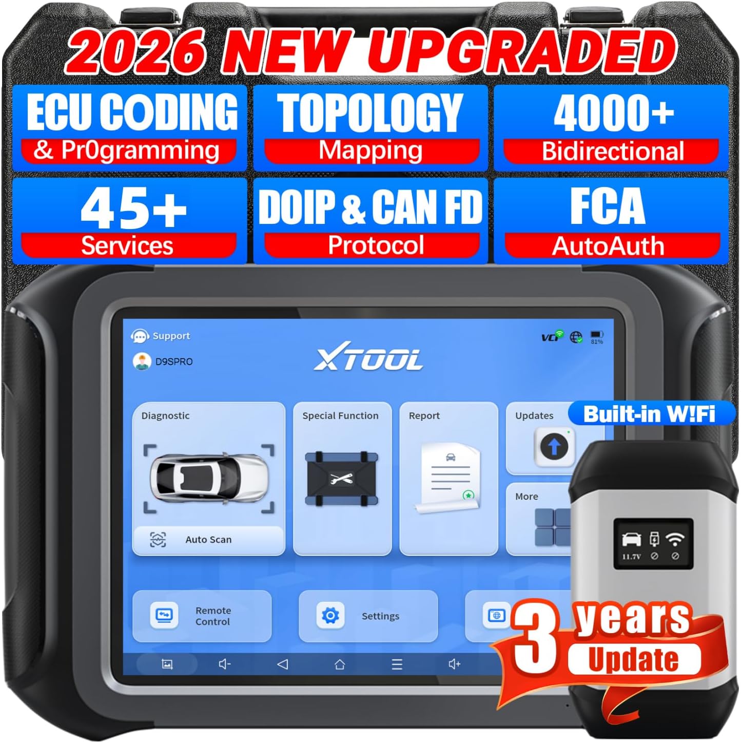 XTOOL Scanner D9S PRO, ECU Pr0gramming/C0ding OBD2 Scanner, Wireless Bidirectional scan Tool, High-End with Topology, 45+ Resets, Full System, PMI, FCA/CAN FD/DoIP, 3-Yr Update