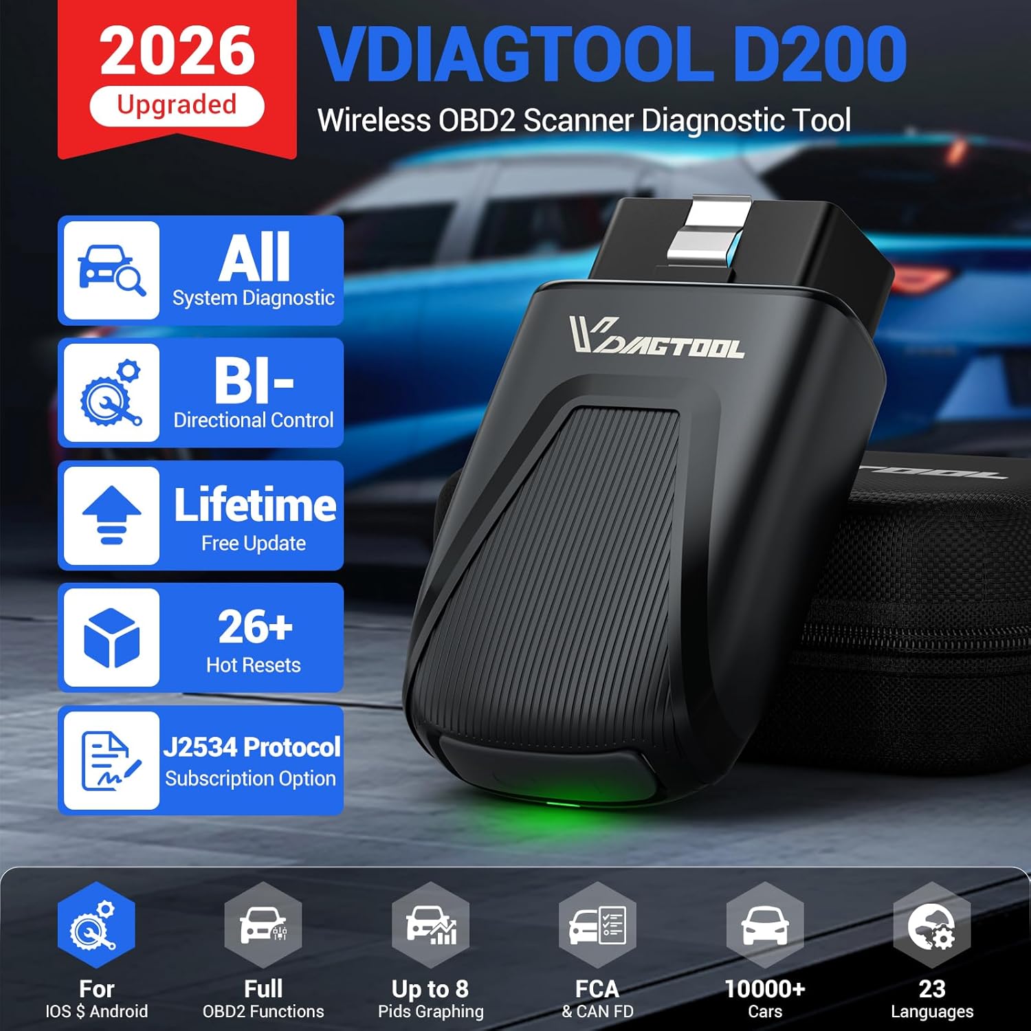 OBD2 Scanner Bluetooth VDIAGTOOL D200, Bidirectional Scan Tool - Lifetime Free Updates, 26 Resets (Upgradeable to 49+), Full System Car Scanner Diagnostic Tool for iOS & Android, FCA AutoAuth & CAN-FD