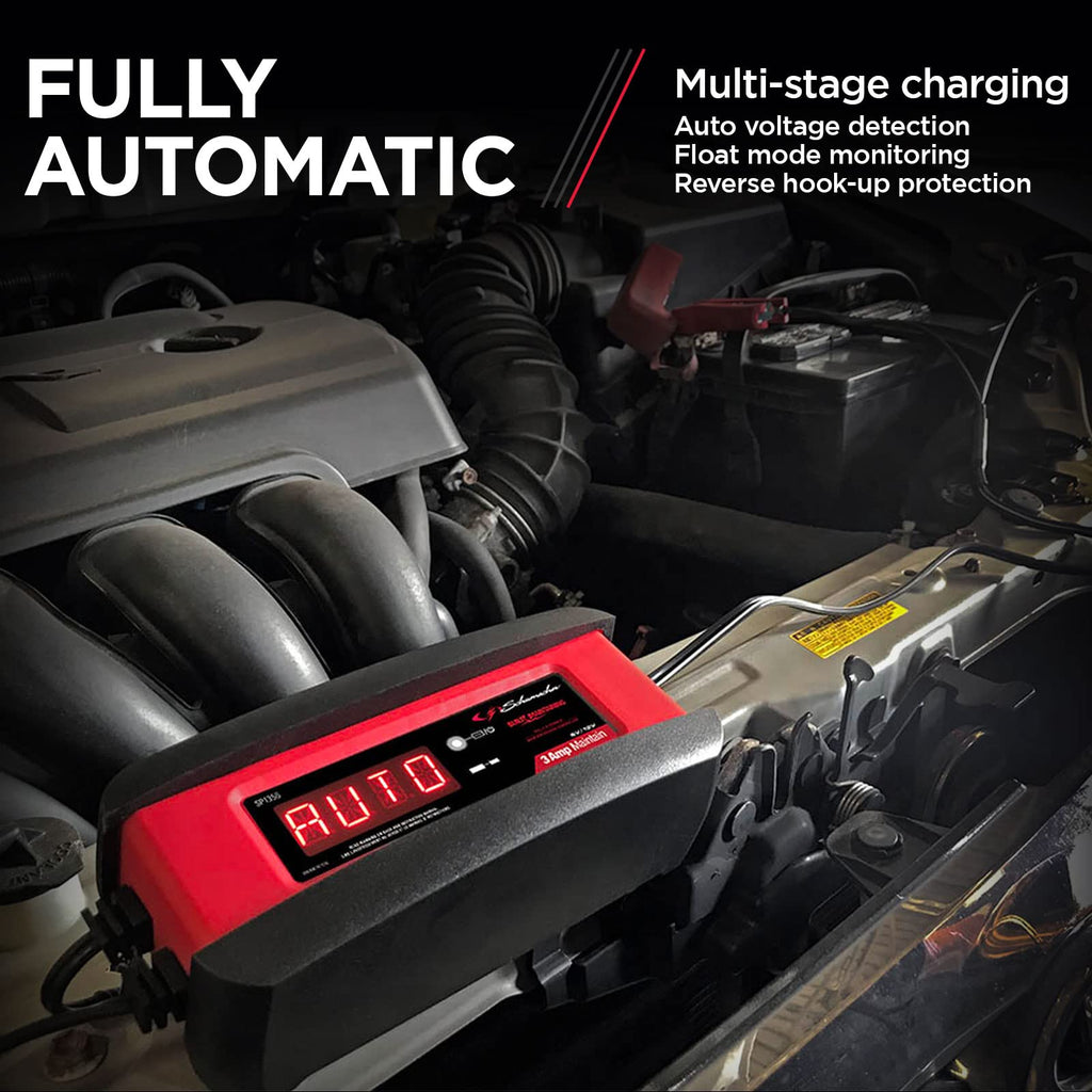 Schumacher Electric 3A Car Battery Charger and Maintainer, 3-in-1 Solution, For 6V/12V Power Sport, Automotive, and Marine Batteries, SP1356