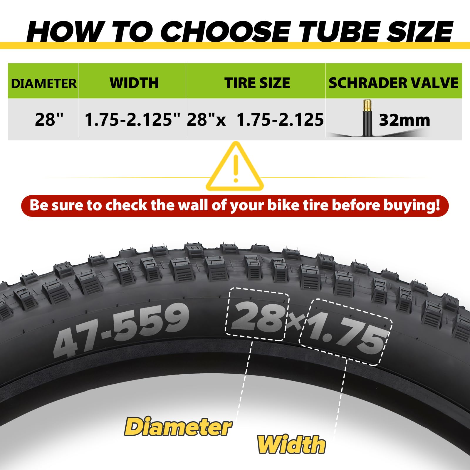 2 Pack 12"/14"/16"/18"/ 20"/ 22"/24"/ 26"/27.5"/28"/29" x1.75/1.95/2.10/2.125 Bicycle Tube with 2 Tire Levers, with 32mm AV Schrader Valve, Reliable Inner Tube for Kids/Road/MTB Bike (2 of One Size)
