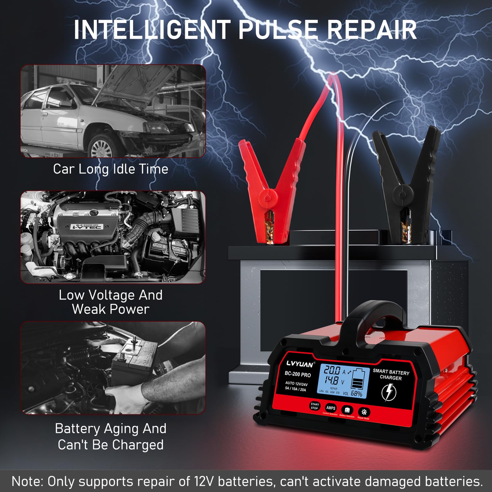 LVYUAN 25Amp Smart Car Battery Charger, 12V/24V Automotive Charger, Lead-Acid Battery, LiFePO4 Battery Maintainer with LCD Display, Trickle Charger, for Lawn Mower, Motorcycle, AGM, STD, Gel, EFB,etc
