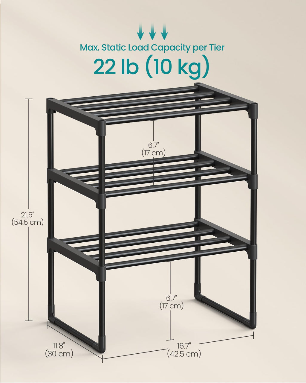 SONGMICS Shoe Rack, 3-Tier Shoe Organizer, Metal Storage Shelf, Upright or Upside Down, for 16-20 Pairs, Stackable, for Entryway, 11.8 x 36.2 x 21.7 Inches, Black ULSA303B02
