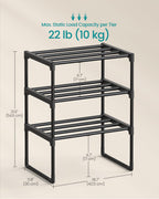 SONGMICS Shoe Rack, 3-Tier Shoe Organizer, Metal Storage Shelf, Upright or Upside Down, for 16-20 Pairs, Stackable, for Entryway, 11.8 x 36.2 x 21.7 Inches, Black ULSA303B02