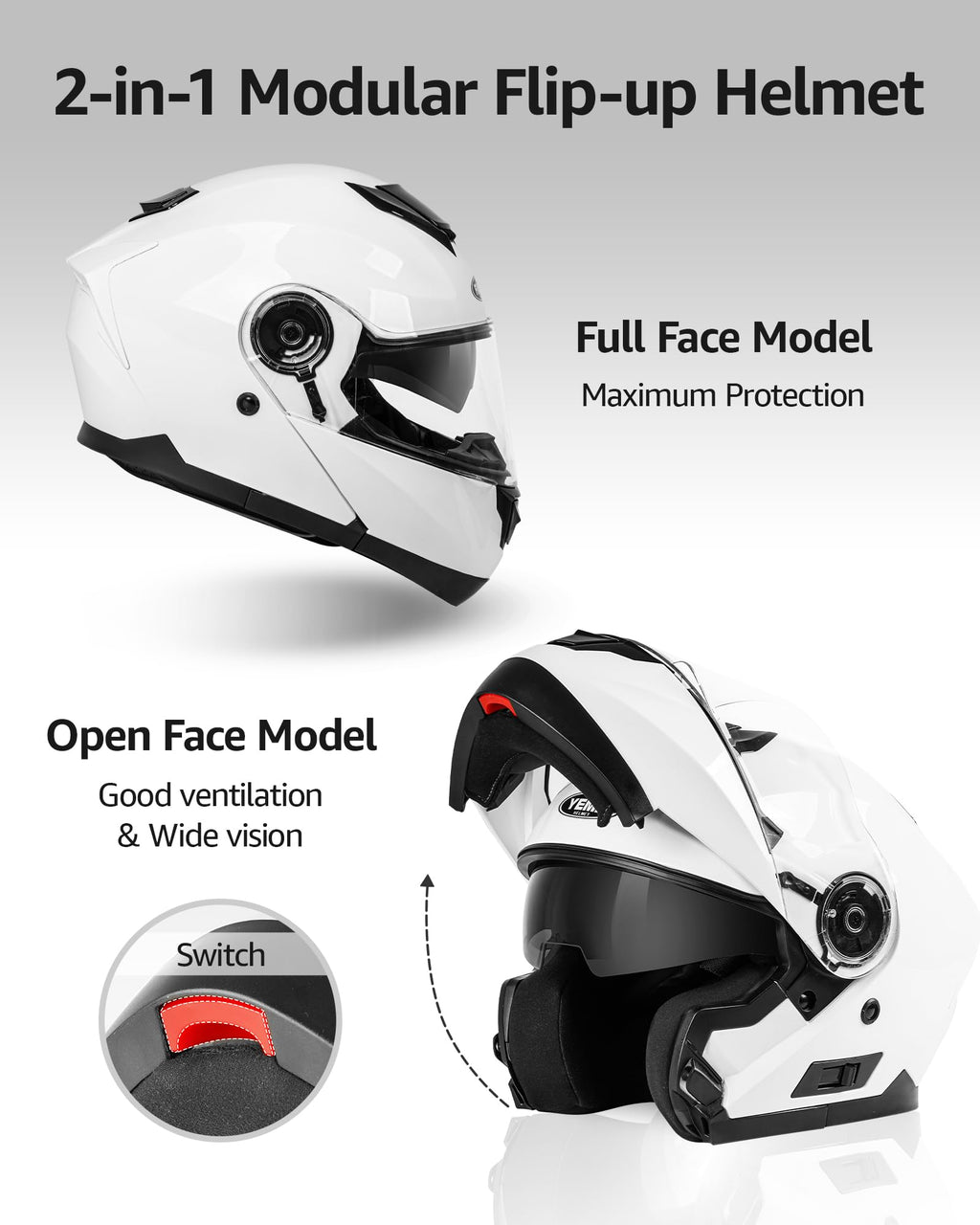 YEMA Modular Motorcycle Helmets, DOT Approved Full Face Motorcycle Helmet with Flip Up Dual Visor, Helmets for Adults Men Women Helmets for Street Scooter ATV E-Bike - YM-926