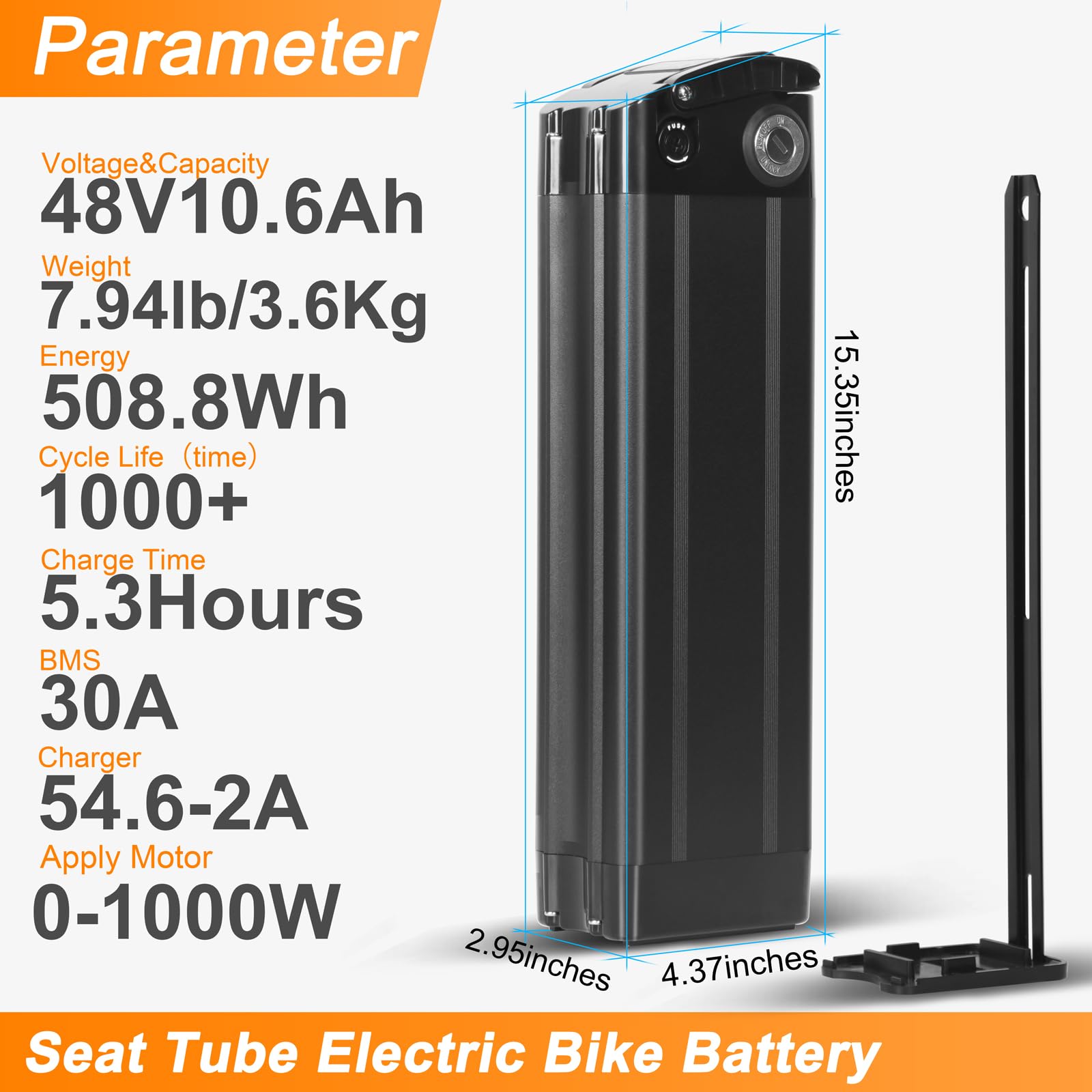 36V 48V E Bike Lithium Battery, Silver Fish Lithium-ion Battery with 30A BMS for 250W/350W/500/750/900/1000W Motors, Safe Lock, Led Indicator Light for Controller (48V 15AH)
