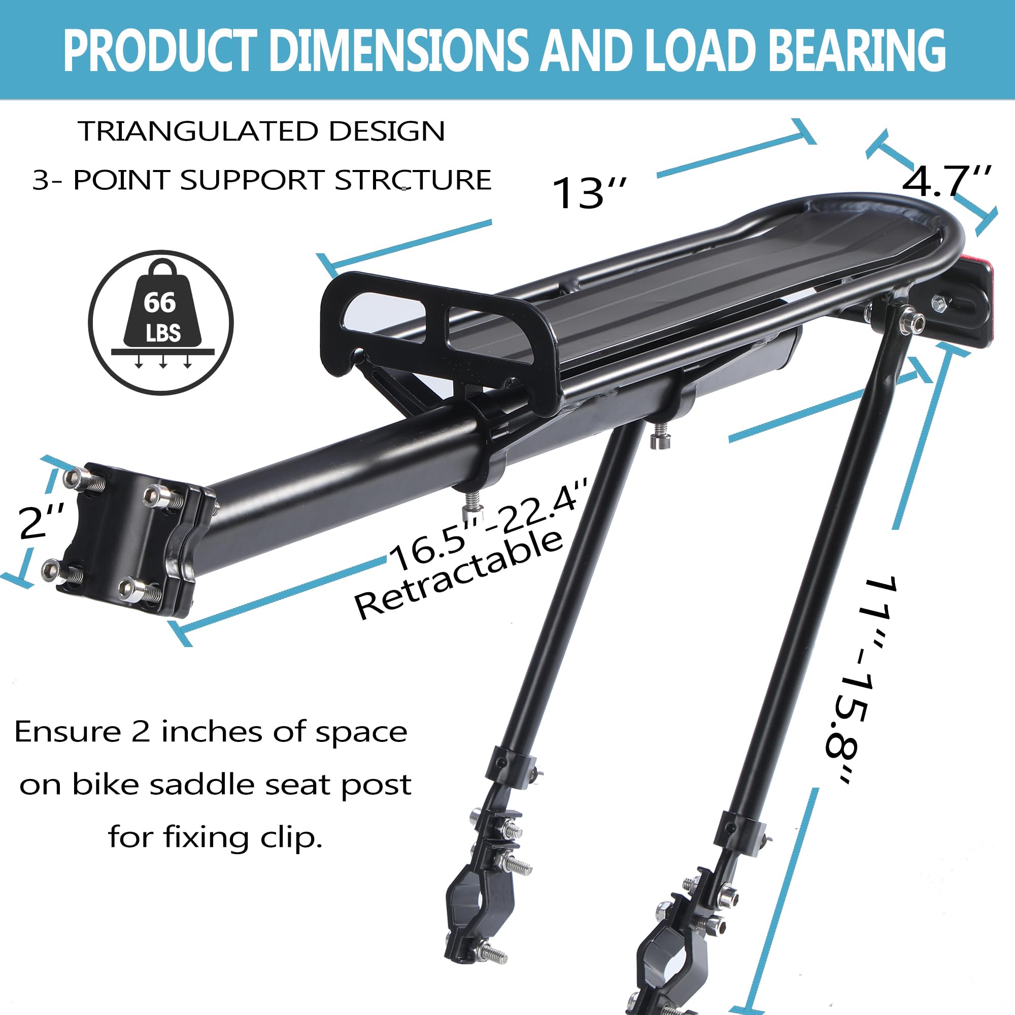 Rear Bike Rack,Bike Cargo Rack,Aluminum Alloy,Large Size Reflective,Retractable,Universal