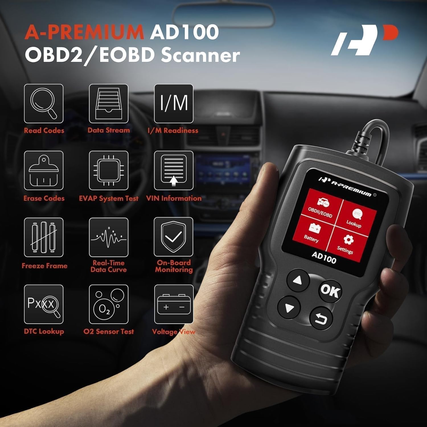 A-Premium AD200 Professional OBD2 Scanner Car Diagnostic Tool, OBDII EOBD Code Reader, Enhanced Check Car Engine Light Diagnostic Scan Tool, Upgraded Fault Code Scanner for All Vehicles from 1996