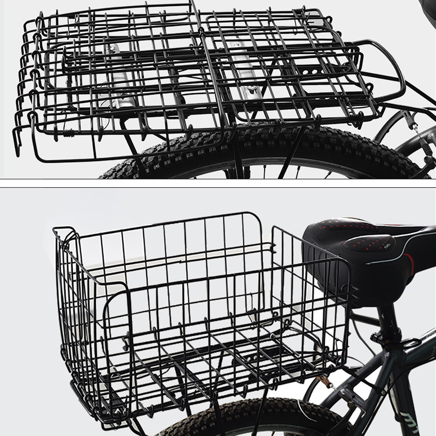 Folding Rear Bike Basket, Huntoshon Quickly Release Metal Bicycle Rack Cargo Basket with Strap & Reflective Tail Light for Most Mounted Bike Rack