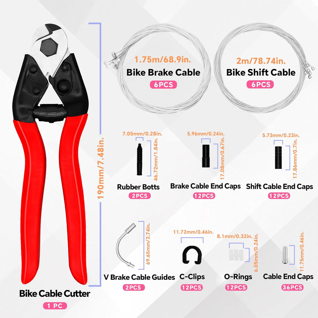 101Pcs Bike Brake Cable Kit with Stainless Steel Wire Cutter, Including Brake and Shifter Cable, Cable End Caps, O-Rings, C-Clips Clamps, Rubber Sleeve and V Brake Guide Inside