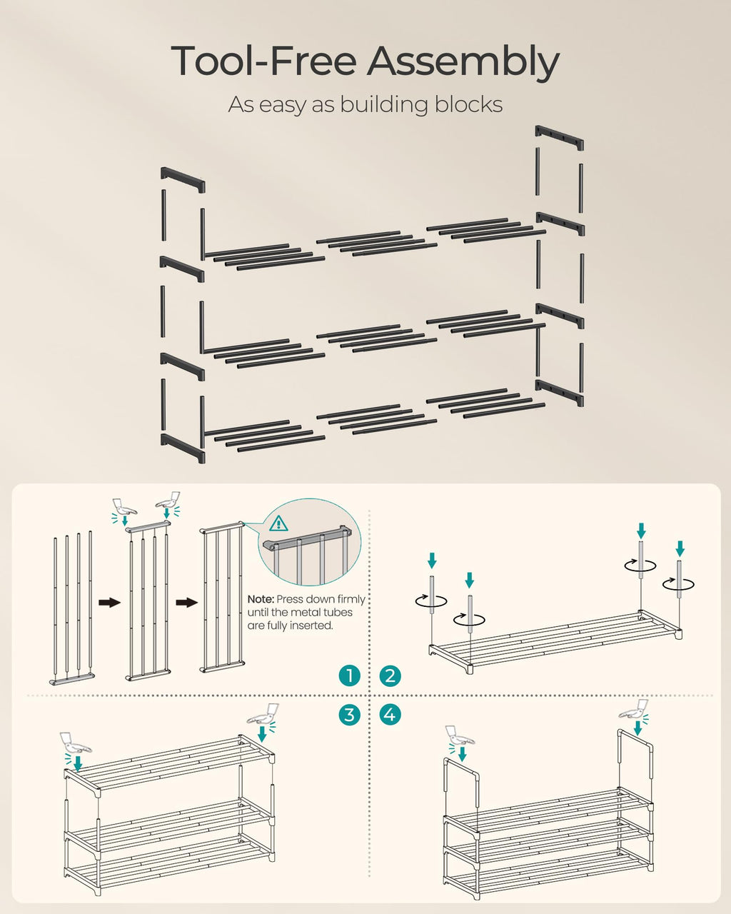 SONGMICS Shoe Rack, 3-Tier Shoe Organizer, Metal Storage Shelf, Upright or Upside Down, for 16-20 Pairs, Stackable, for Entryway, 11.8 x 36.2 x 21.7 Inches, Black ULSA303B02