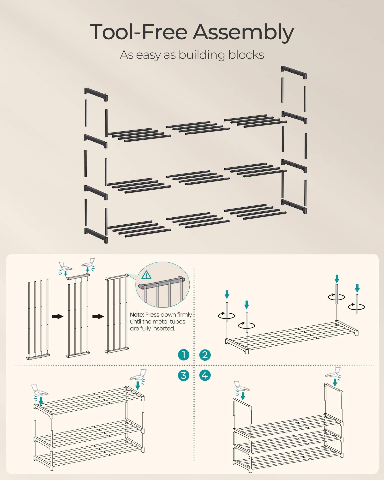SONGMICS Shoe Rack, 3-Tier Shoe Organizer, Metal Storage Shelf, Upright or Upside Down, for 16-20 Pairs, Stackable, for Entryway, 11.8 x 36.2 x 21.7 Inches, Black ULSA303B02