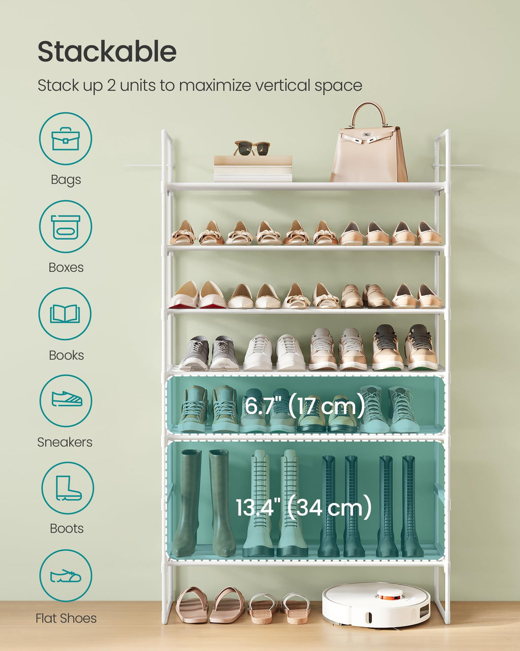 SONGMICS Shoe Rack, 3-Tier Shoe Organizer, Metal Storage Shelf, Upright or Upside Down, for 16-20 Pairs, Stackable, for Entryway, 11.8 x 36.2 x 21.7 Inches, Black ULSA303B02