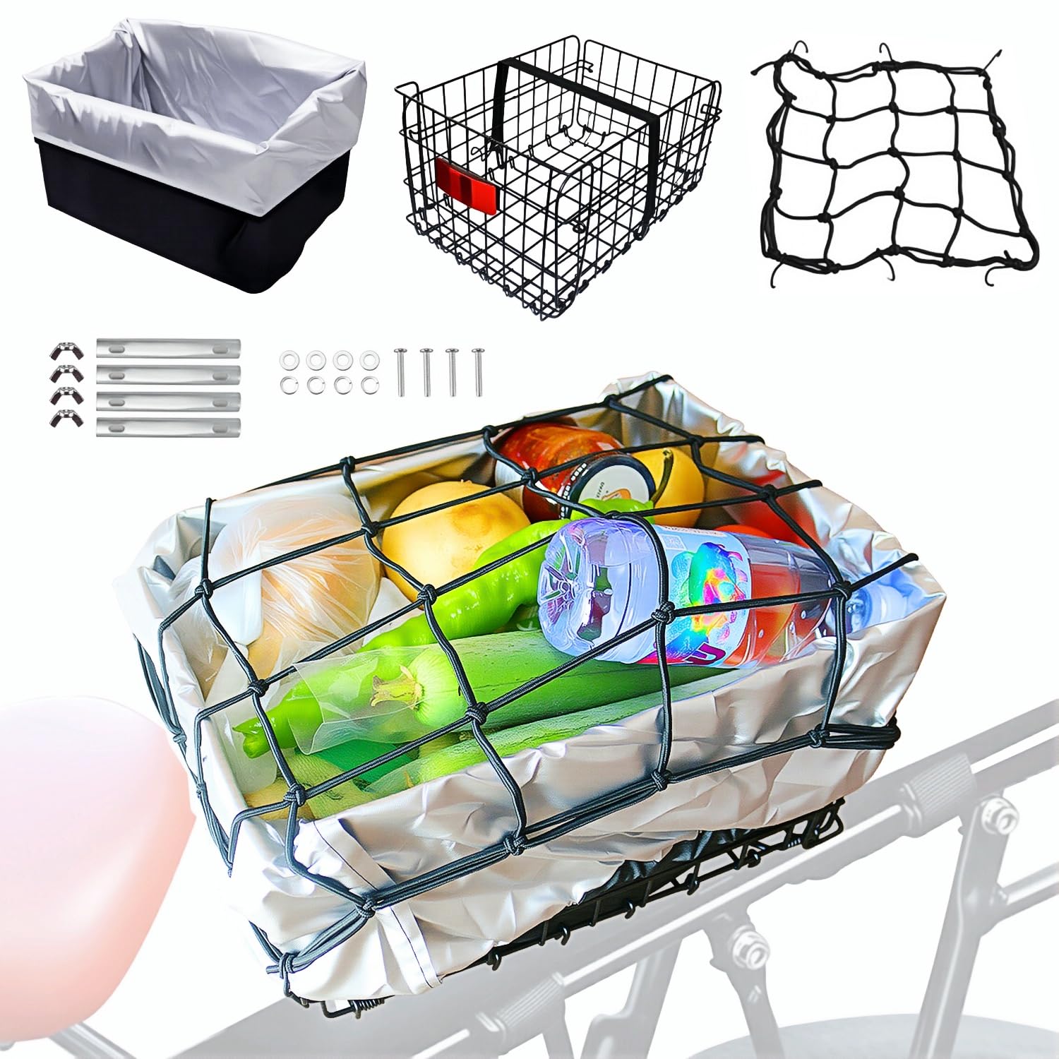 Folding Rear Bike Basket, Huntoshon Quickly Release Metal Bicycle Rack Cargo Basket with Strap & Reflective Tail Light for Most Mounted Bike Rack