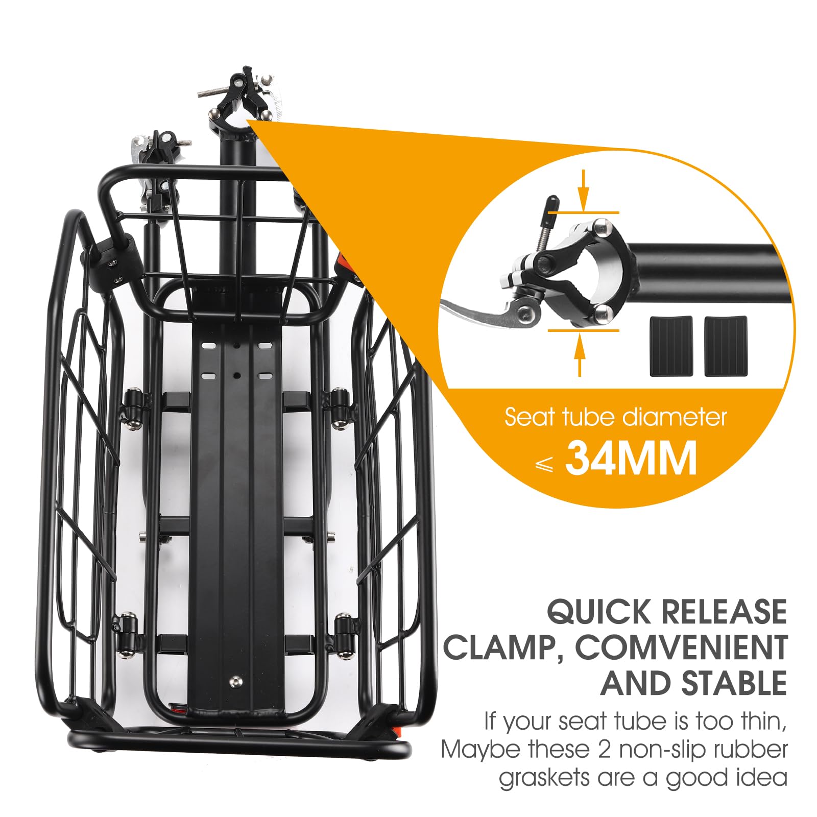 Rear Bike Rack with Basket, 165 LB Load - Aluminum Alloy Cargo Rack for Back of Bike with Free Bungee Cord & Waterproof Cover & Installation Tool