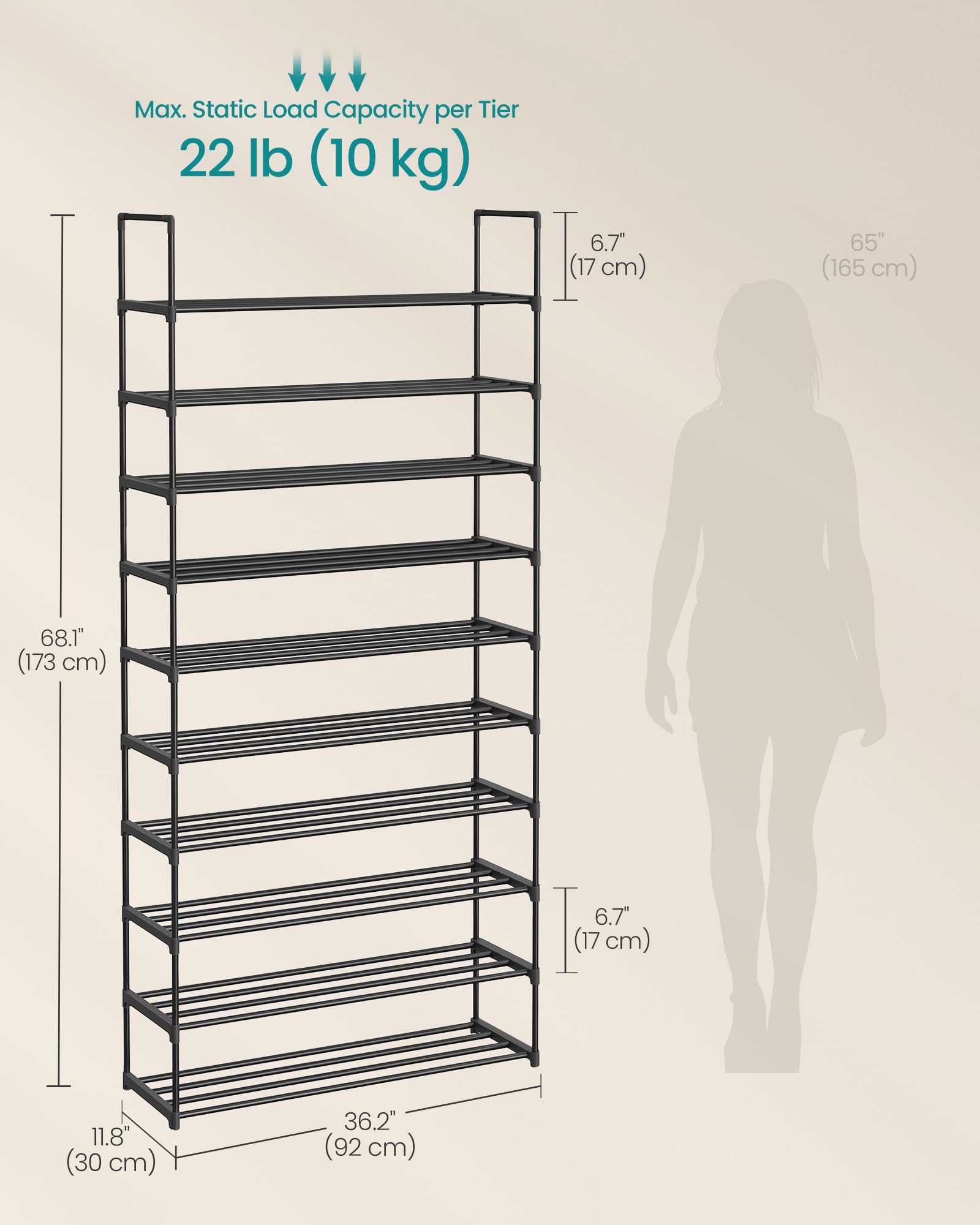 SONGMICS Shoe Rack, 3-Tier Shoe Organizer, Metal Storage Shelf, Upright or Upside Down, for 16-20 Pairs, Stackable, for Entryway, 11.8 x 36.2 x 21.7 Inches, Black ULSA303B02