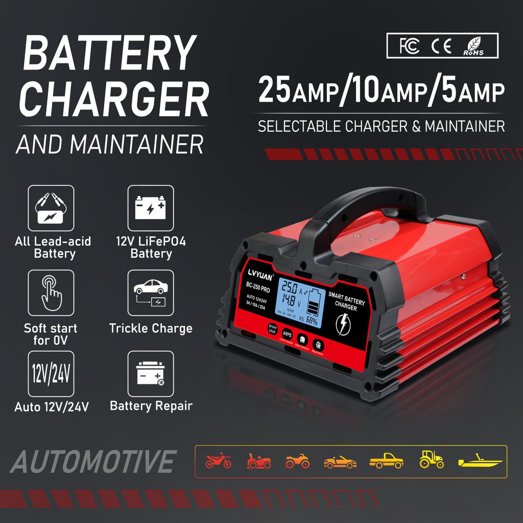 LVYUAN 25Amp Smart Car Battery Charger, 12V/24V Automotive Charger, Lead-Acid Battery, LiFePO4 Battery Maintainer with LCD Display, Trickle Charger, for Lawn Mower, Motorcycle, AGM, STD, Gel, EFB,etc