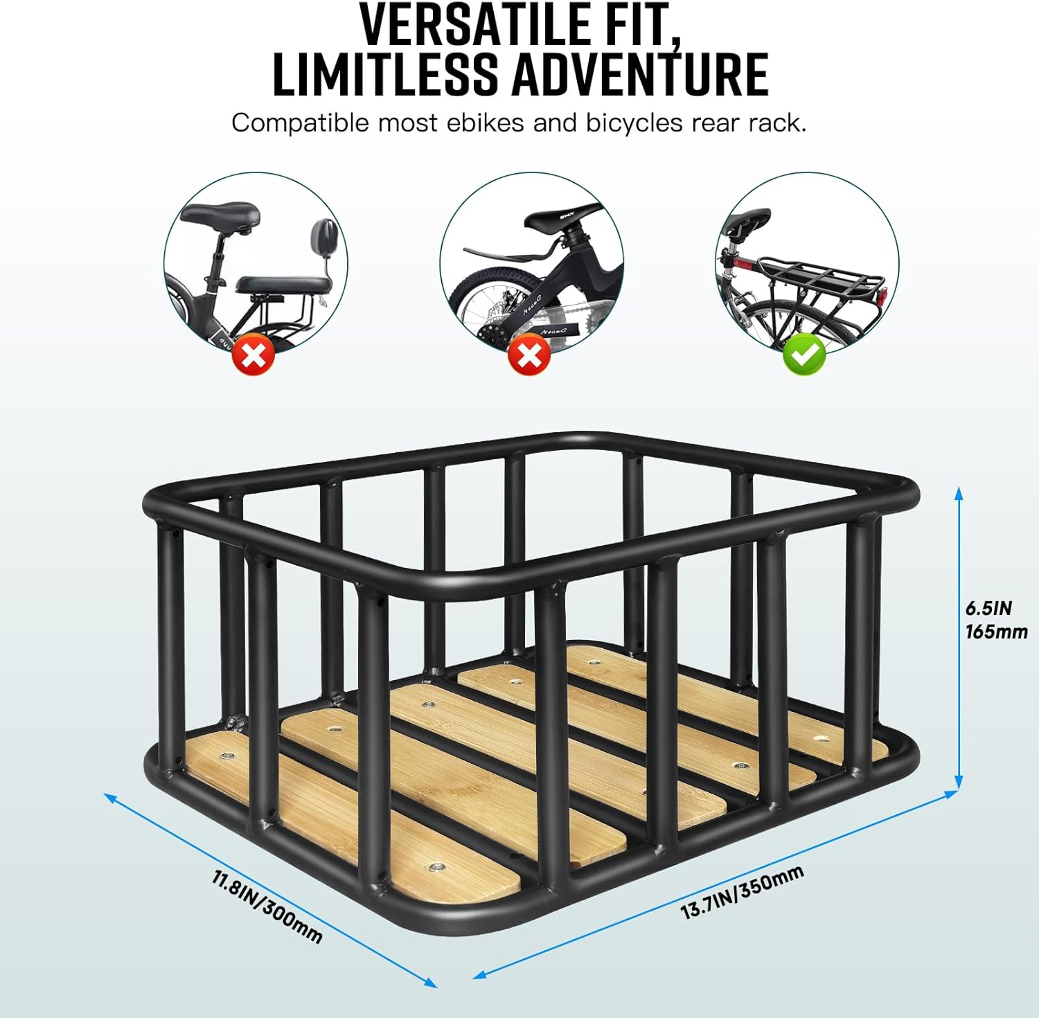 RAYMACE Bike Basket Rear, Bamboo Base Bicycle Basket with Rainproof Cover, Liner & Cargo Net, Large Capacity Rear Bike Rack Baskets Fits Most Bikes & E-Bike