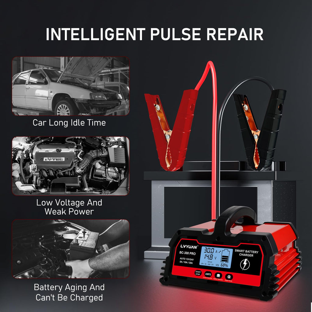 LVYUAN 25Amp Smart Car Battery Charger, 12V/24V Automotive Charger, Lead-Acid Battery, LiFePO4 Battery Maintainer with LCD Display, Trickle Charger, for Lawn Mower, Motorcycle, AGM, STD, Gel, EFB,etc